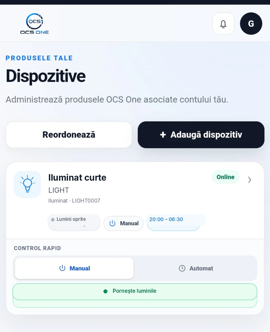 Lista de dispozitive din aplicația OCS One